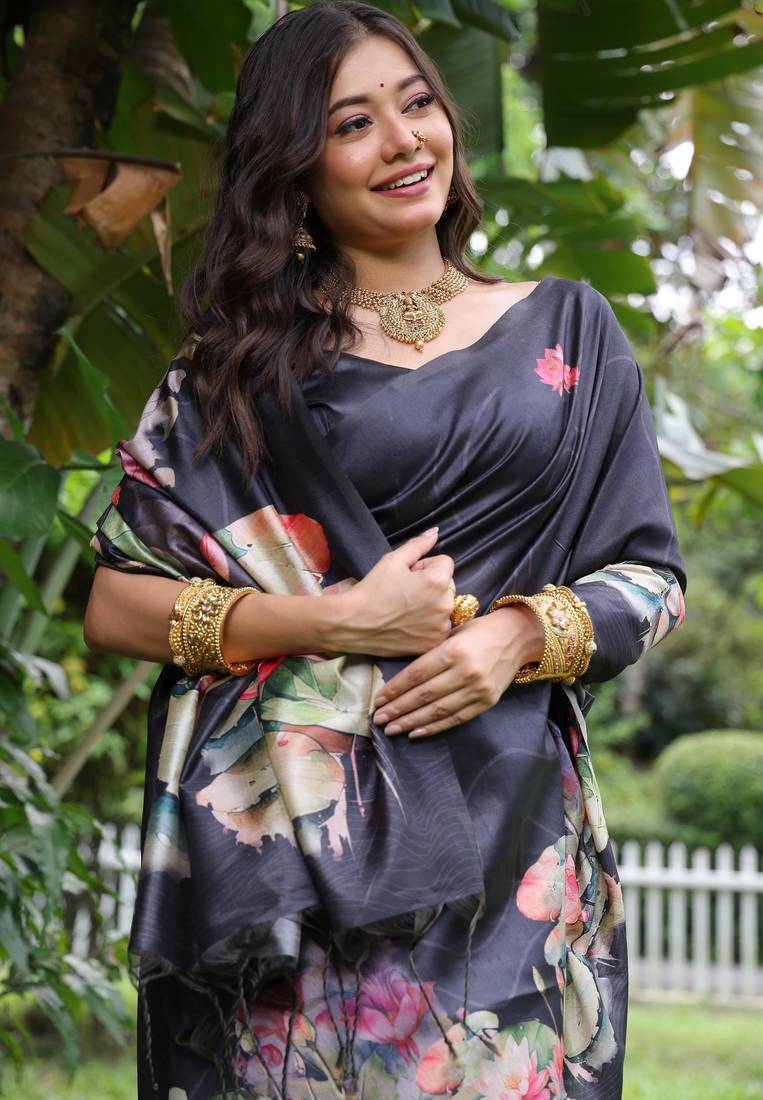 Black soft tussar silk floral printed saree with blouse