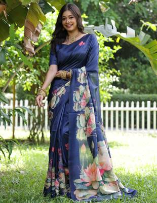 Blue soft tussar silk floral printed saree with blouse 1