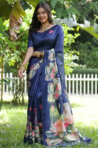 Blue soft tussar silk floral printed saree with blouse