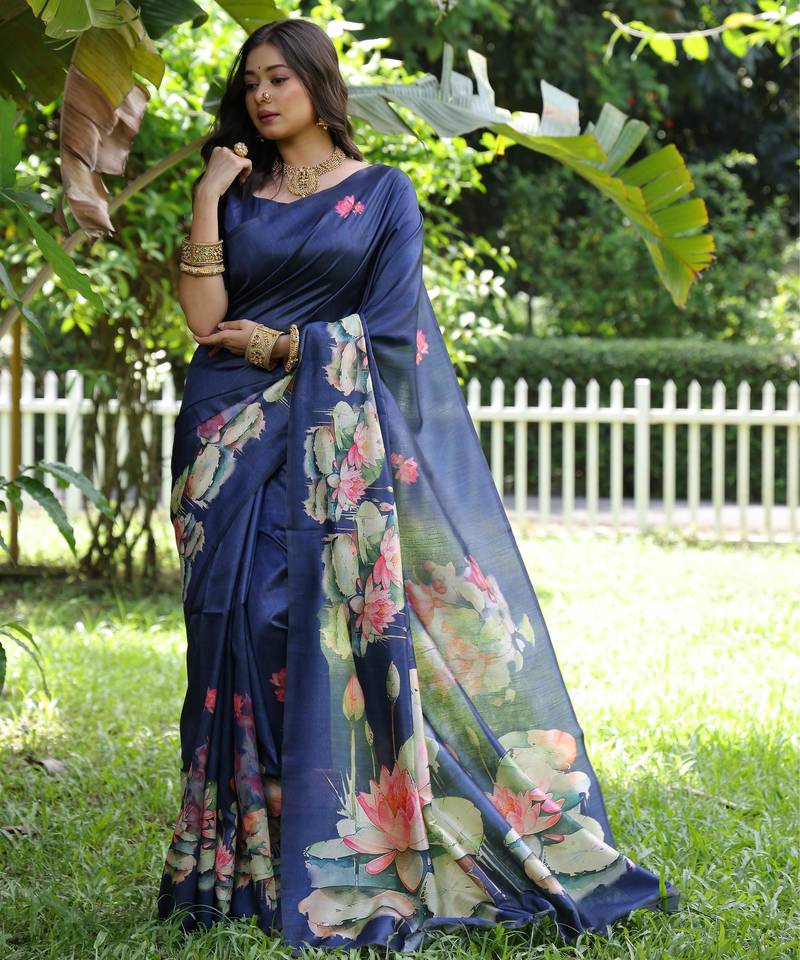 Blue soft tussar silk floral printed saree with blouse