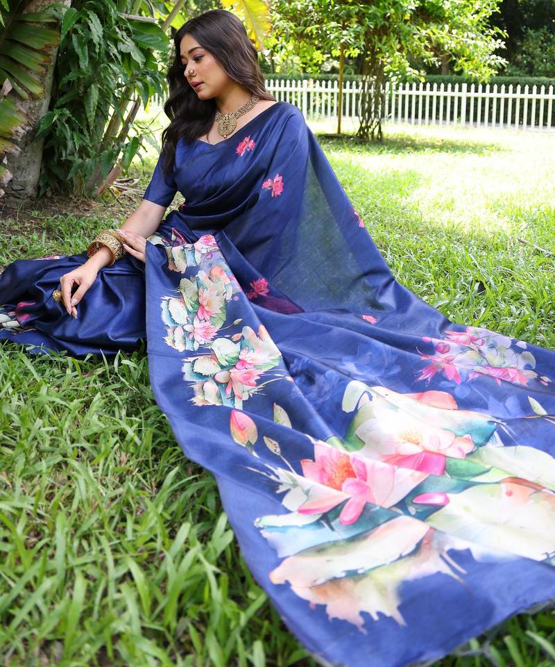 Blue soft tussar silk floral printed saree with blouse