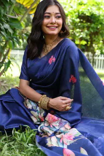 Blue soft tussar silk floral printed saree with blouse