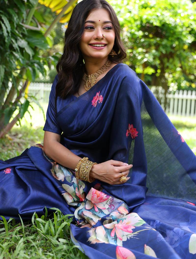 Blue soft tussar silk floral printed saree with blouse