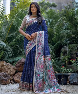 Navy blue soft tussar silk madhubani printed saree with blouse 1