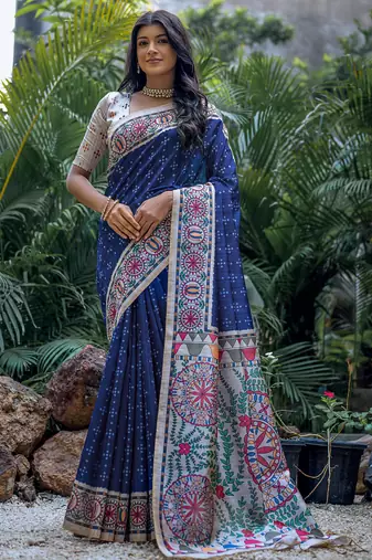 Navy blue soft tussar silk madhubani printed saree with blouse