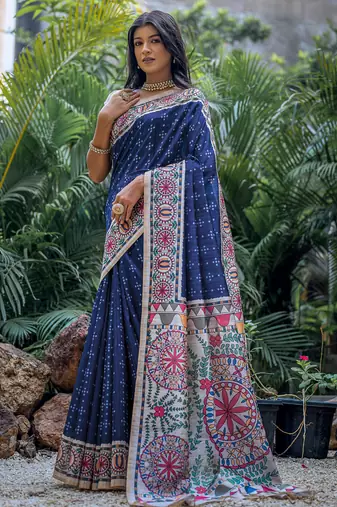 Navy blue soft tussar silk madhubani printed saree with blouse