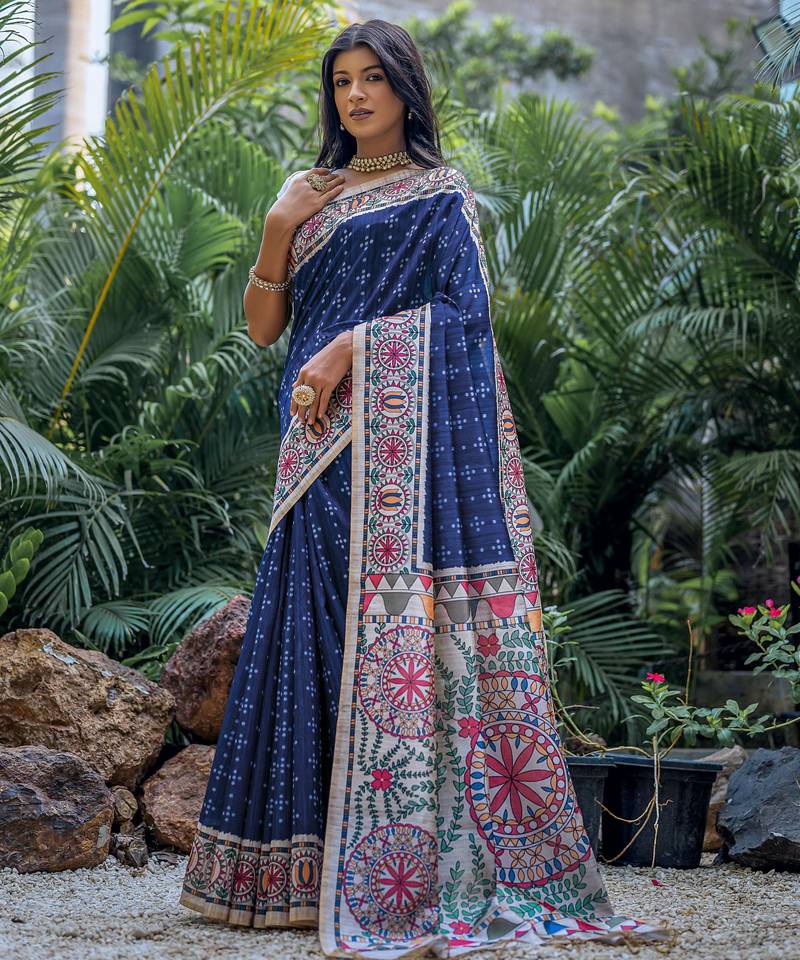 Navy blue soft tussar silk madhubani printed saree with blouse