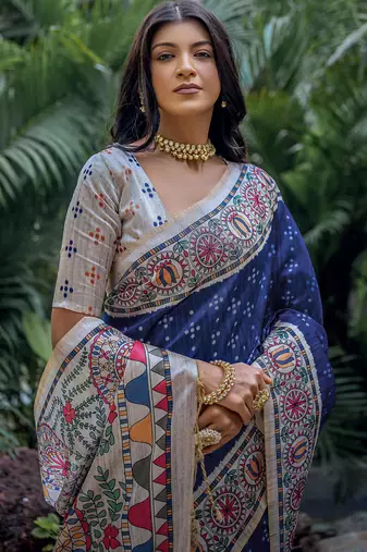 Navy blue soft tussar silk madhubani printed saree with blouse