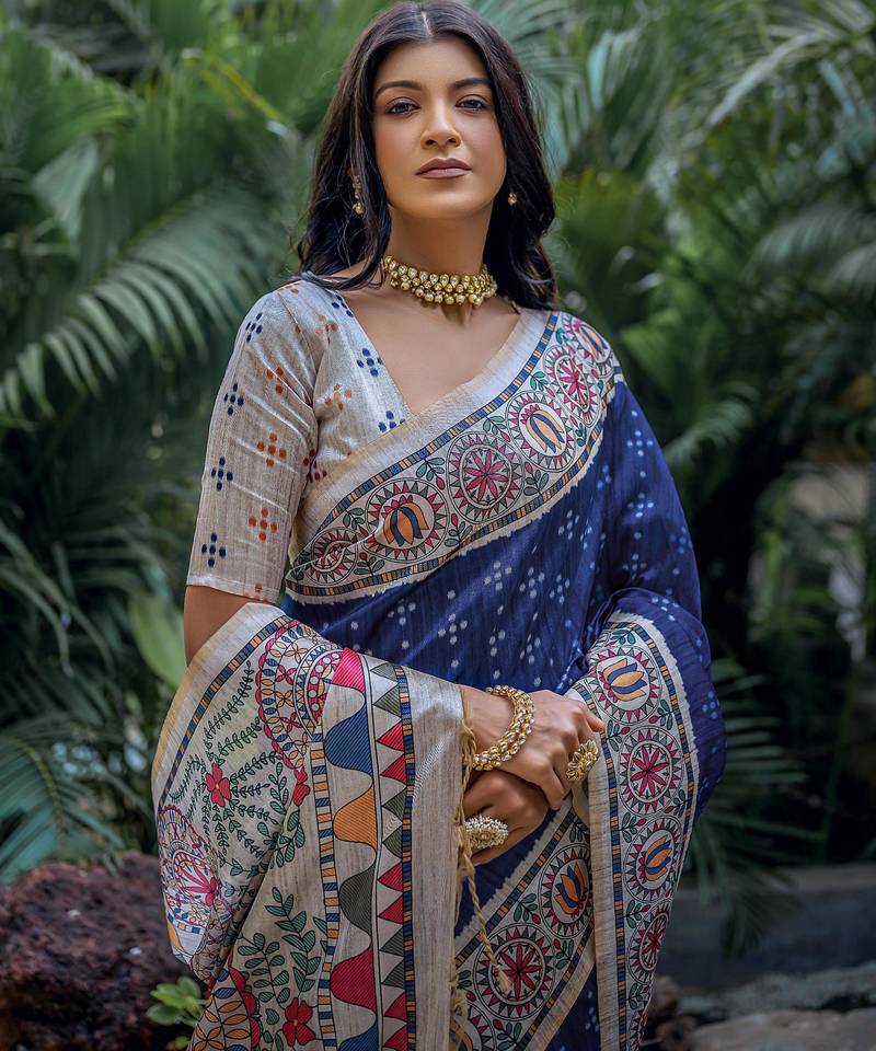 Navy blue soft tussar silk madhubani printed saree with blouse