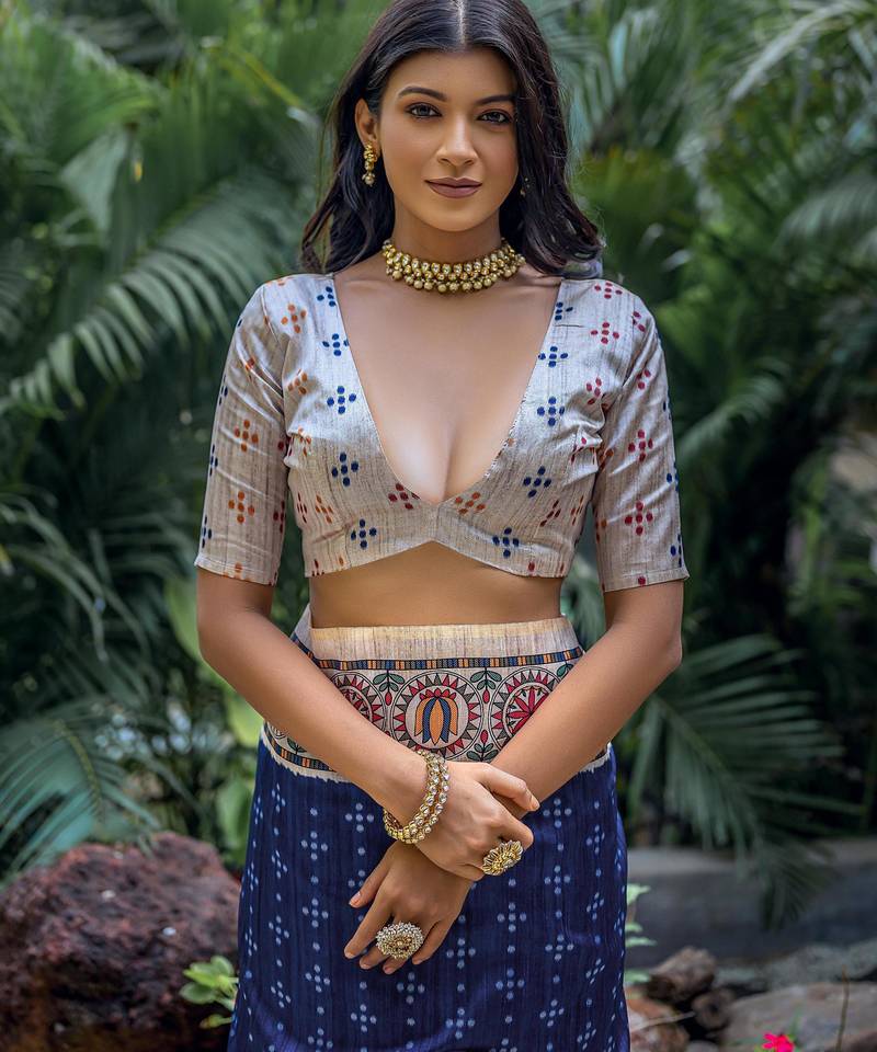 Navy blue soft tussar silk madhubani printed saree with blouse