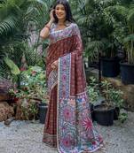 Brown soft tussar silk madhubani printed saree with blouse