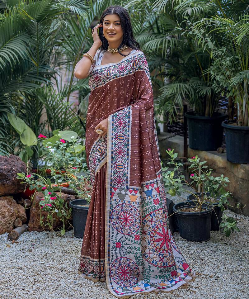 Brown soft tussar silk madhubani printed saree with blouse