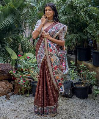 Brown soft tussar silk madhubani printed saree with blouse 2