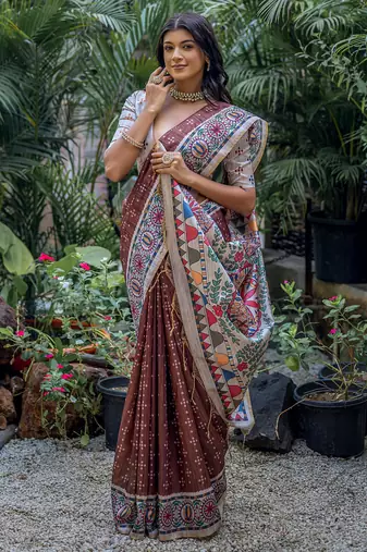 Brown soft tussar silk madhubani printed saree with blouse