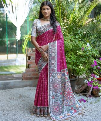 Rani pink soft tussar silk madhubani printed saree with blouse 1