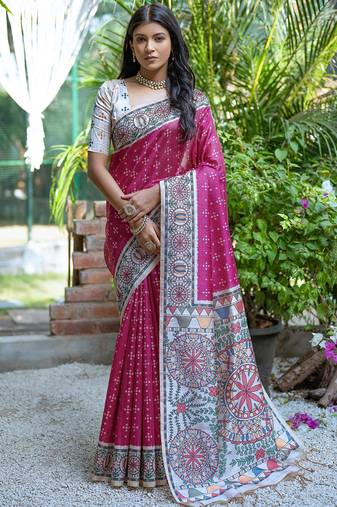Rani pink soft tussar silk madhubani printed saree with blouse