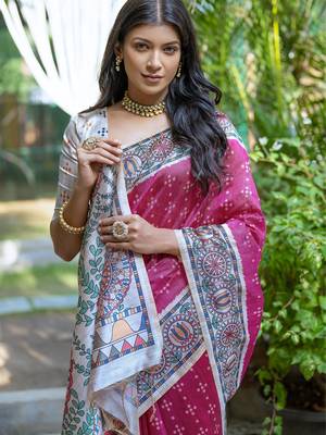 Rani pink soft tussar silk madhubani printed saree with blouse 3