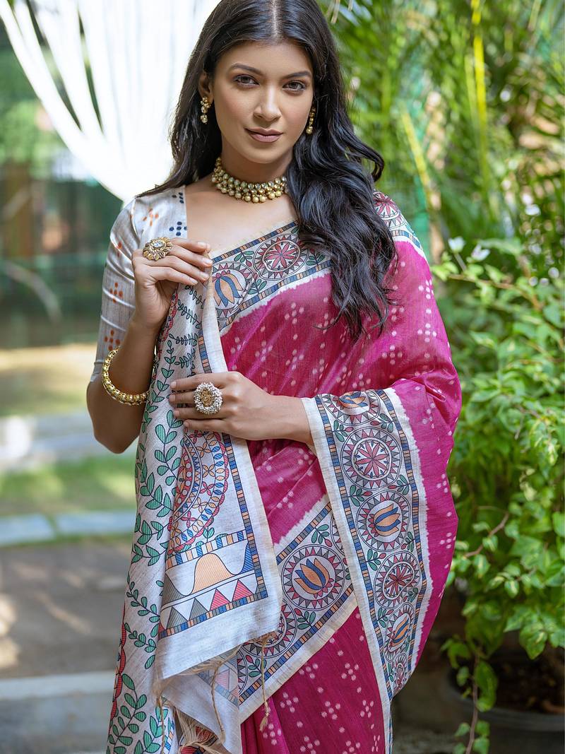 Rani pink soft tussar silk madhubani printed saree with blouse