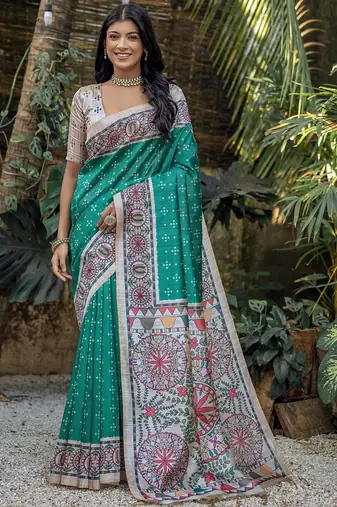 Sea green soft tussar silk madhubani printed saree with blouse