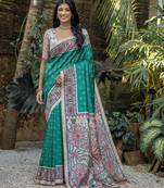 Sea green soft tussar silk madhubani printed saree with blouse