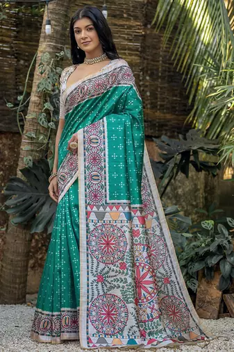 Sea green soft tussar silk madhubani printed saree with blouse