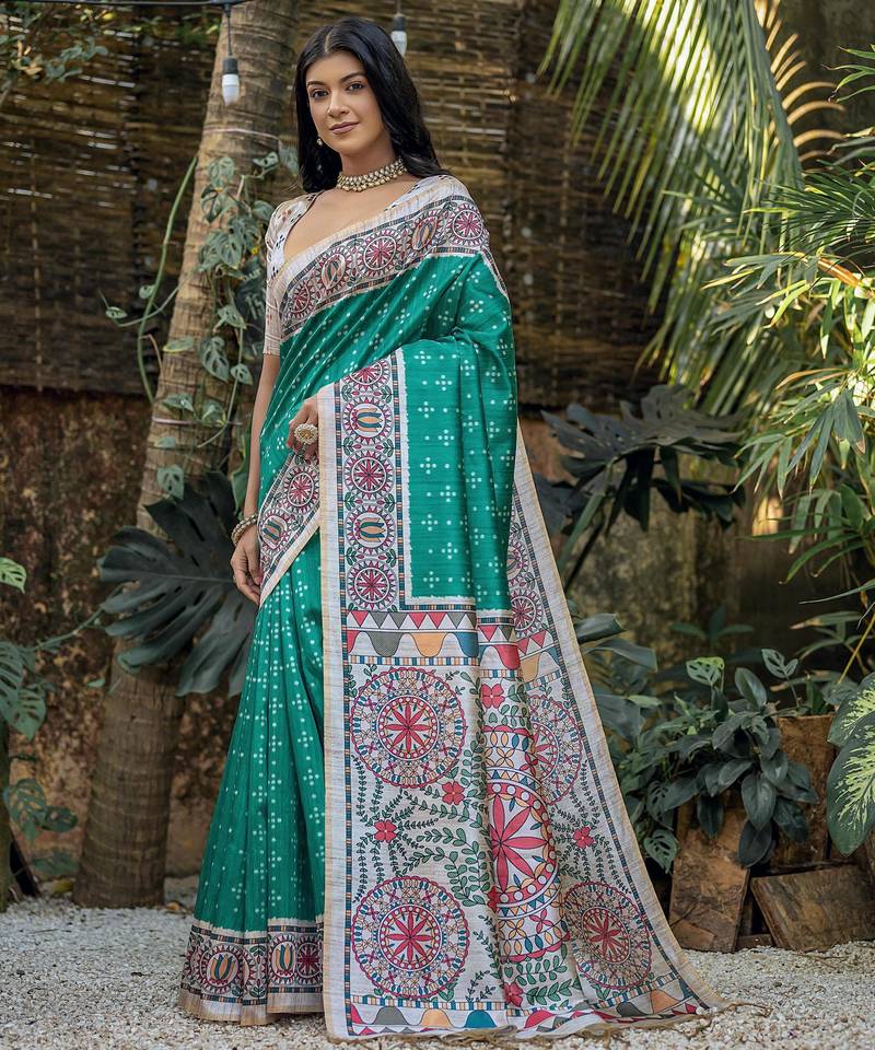Sea green soft tussar silk madhubani printed saree with blouse