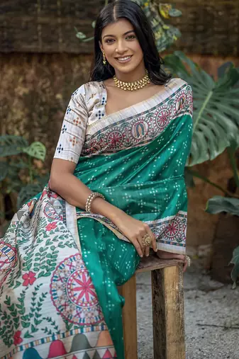 Sea green soft tussar silk madhubani printed saree with blouse