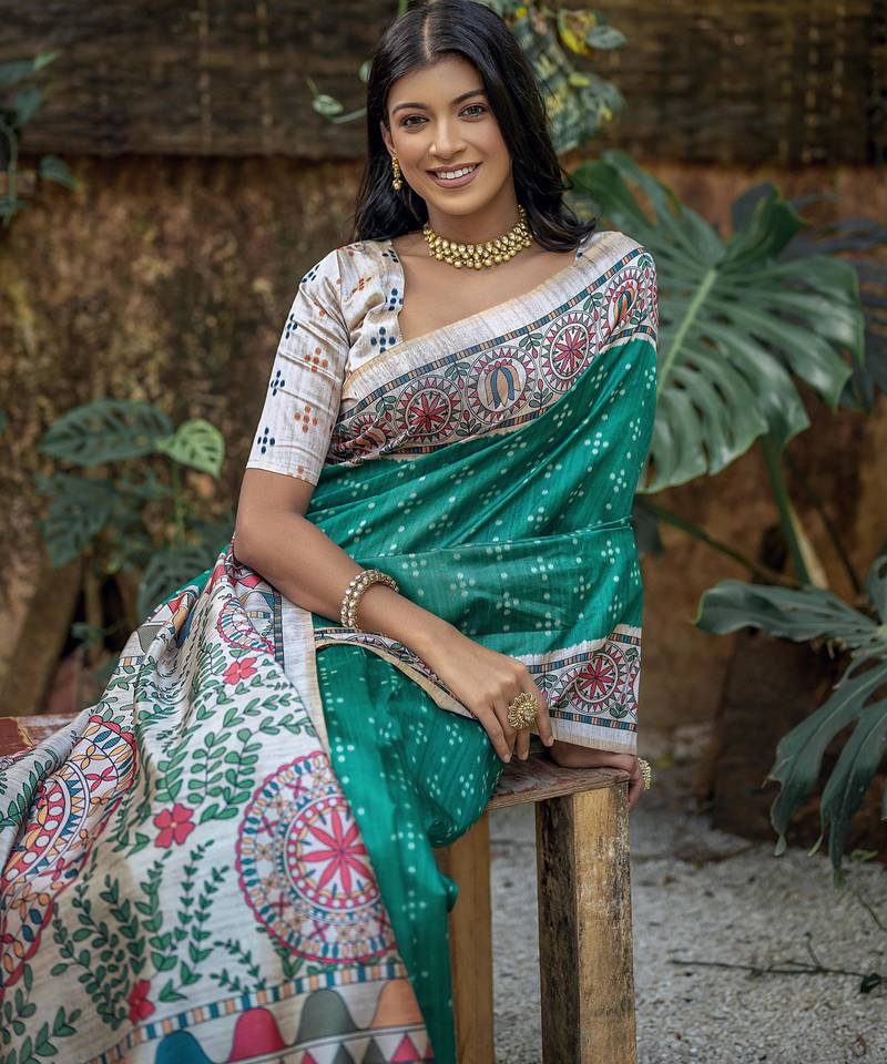 Sea green soft tussar silk madhubani printed saree with blouse