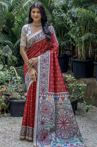 Maroon soft tussar silk madhubani printed saree with blouse