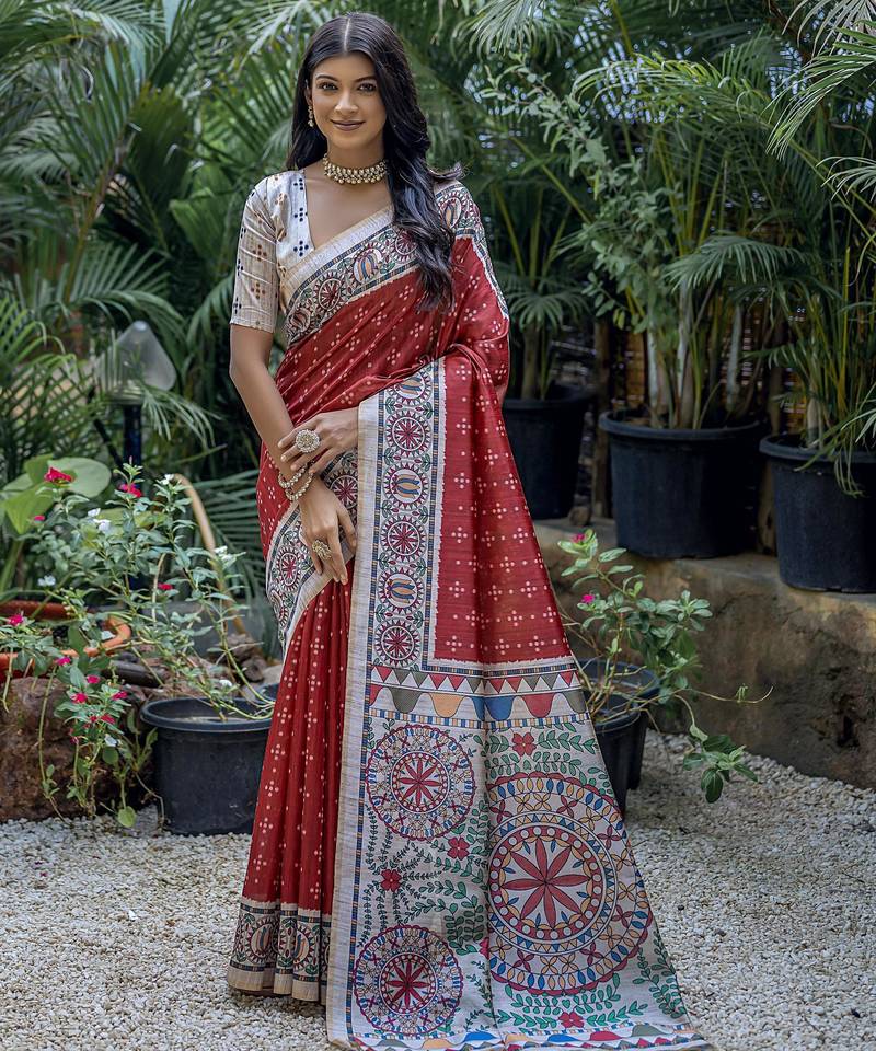 Maroon soft tussar silk madhubani printed saree with blouse