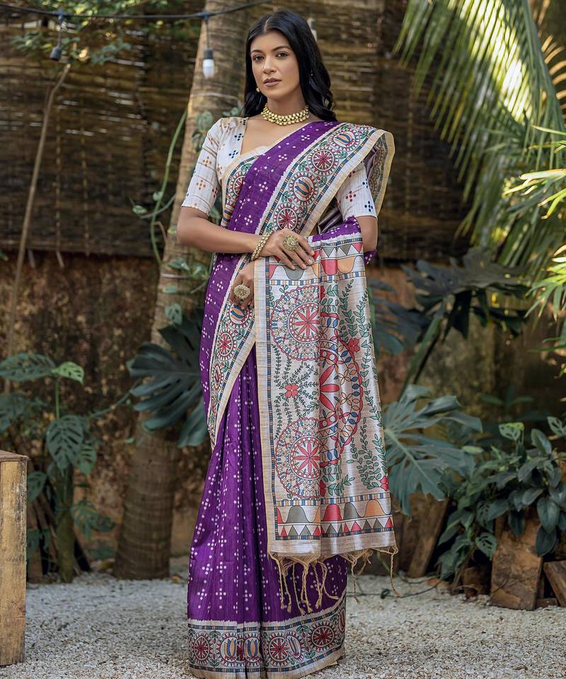 Purple soft tussar silk madhubani printed saree with blouse