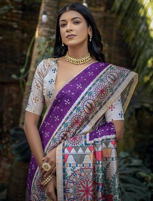 Purple soft tussar silk madhubani printed saree with blouse 3