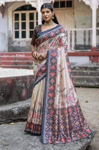 Navy blue soft tussar silk floral printed saree with blouse