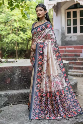 Navy blue soft tussar silk floral printed saree with blouse