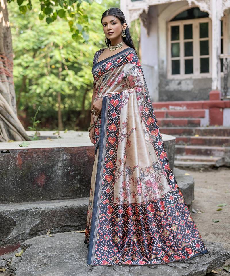Navy blue soft tussar silk floral printed saree with blouse