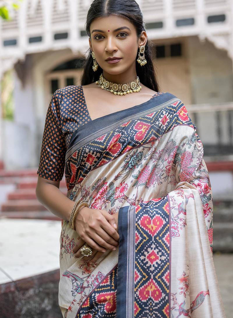 Navy blue soft tussar silk floral printed saree with blouse