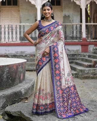 Royal blue soft tussar silk floral printed saree with blouse 1