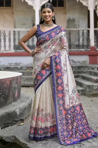 Royal blue soft tussar silk floral printed saree with blouse