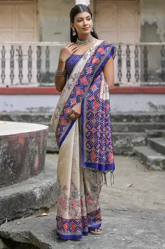 Royal blue soft tussar silk floral printed saree with blouse