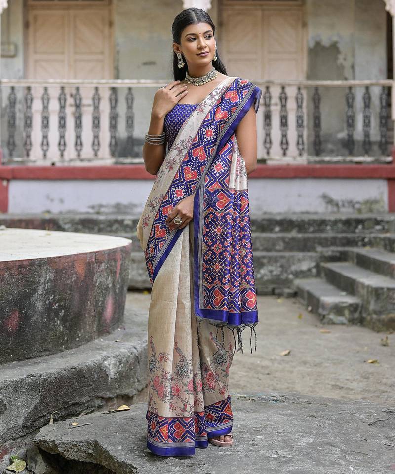 Royal blue soft tussar silk floral printed saree with blouse