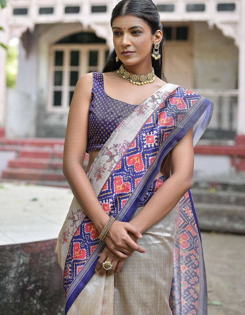 Royal blue soft tussar silk floral printed saree with blouse