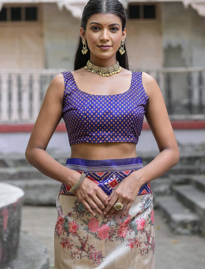 Royal blue soft tussar silk floral printed saree with blouse