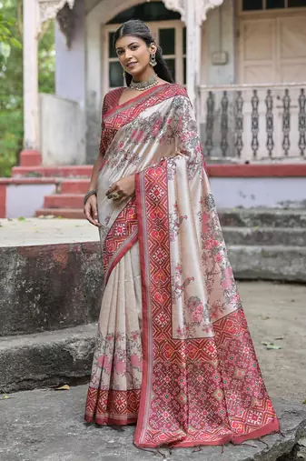 Maroon soft tussar silk floral printed saree with blouse