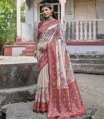 Maroon soft tussar silk floral printed saree with blouse