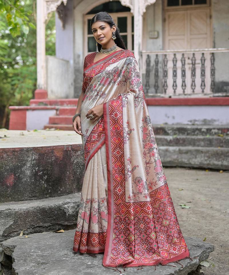 Maroon soft tussar silk floral printed saree with blouse