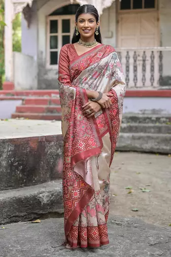 Maroon soft tussar silk floral printed saree with blouse