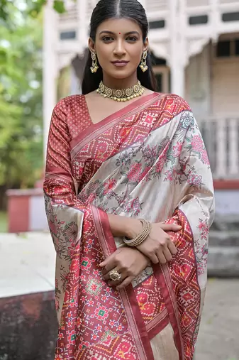 Maroon soft tussar silk floral printed saree with blouse