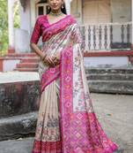 Pink soft tussar silk floral printed saree with blouse