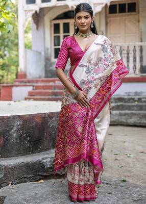 Pink soft tussar silk floral printed saree with blouse 2
