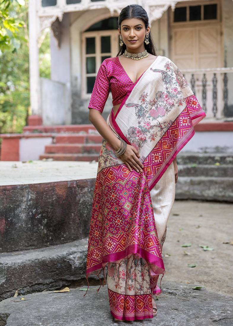 Pink soft tussar silk floral printed saree with blouse